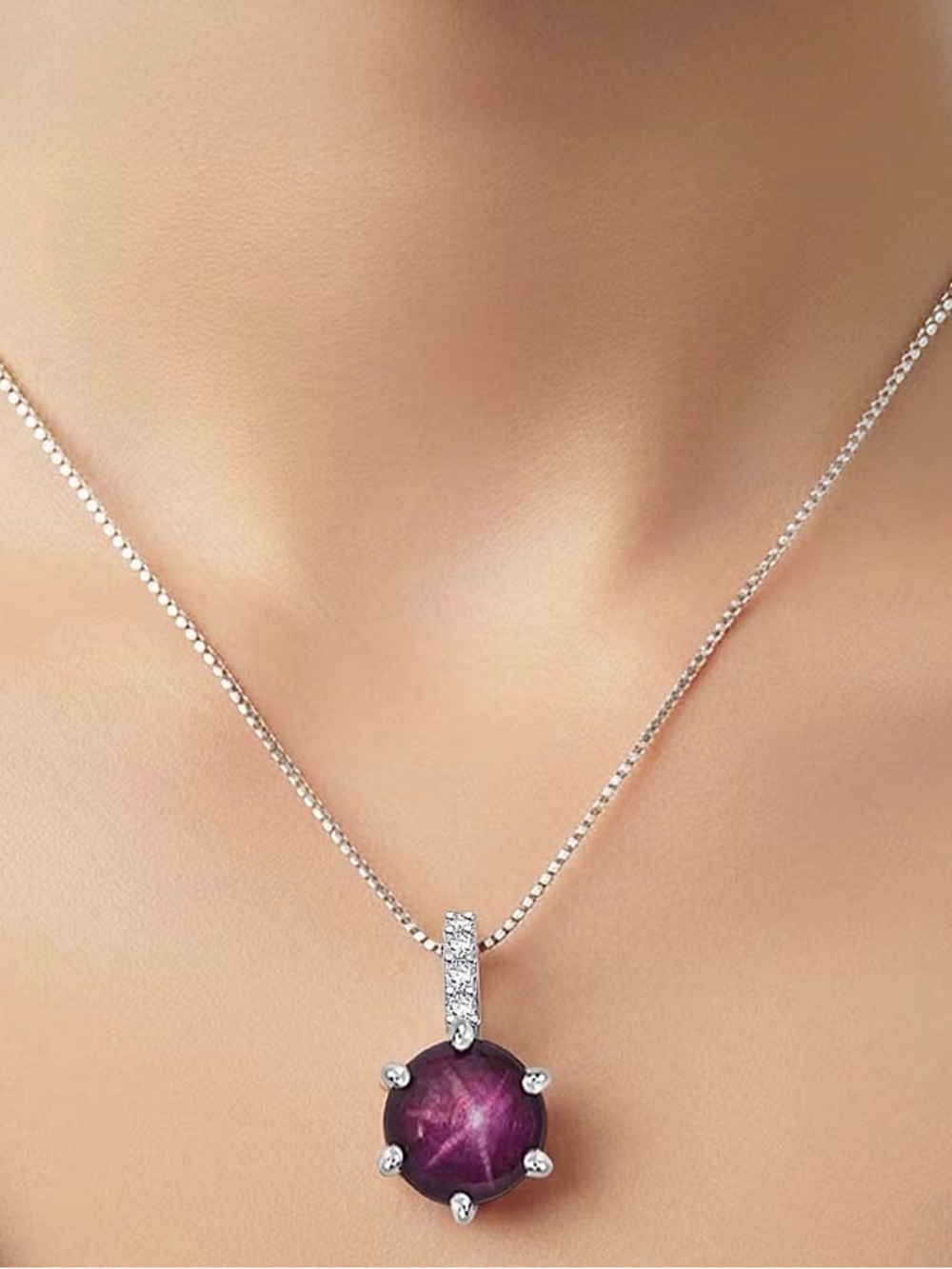 Sterling Silver Necklace with 4ctw Red Star Ruby and White Zircon halo